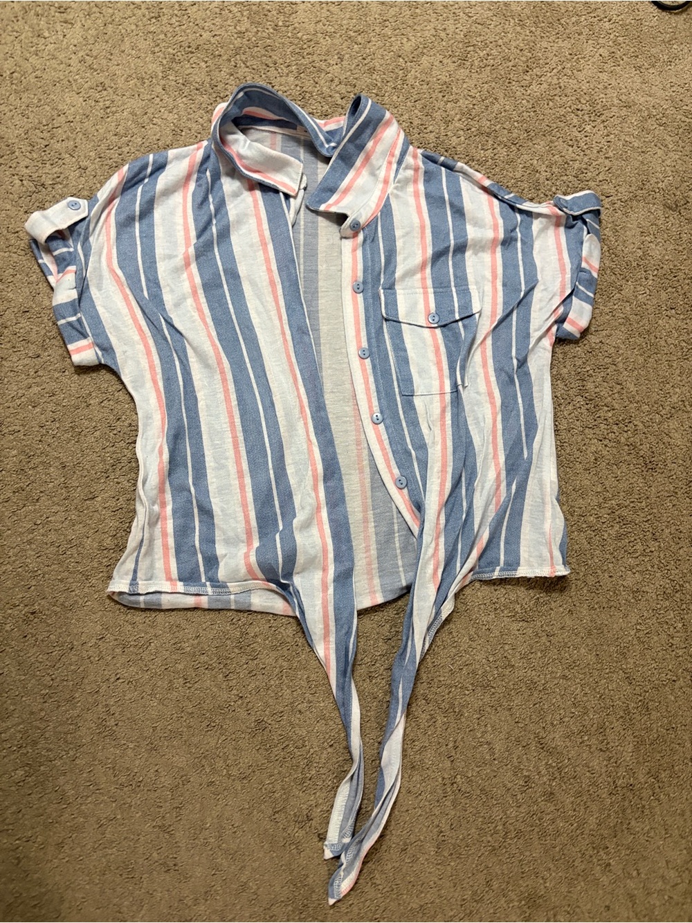 Ardene Blue White and Pink Striped Tie-Front Button Down Shirt